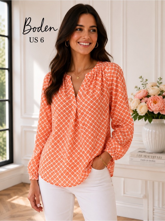 Boden Tops - Boden US 6 100% Cotton Coral Geometric Print Blouse